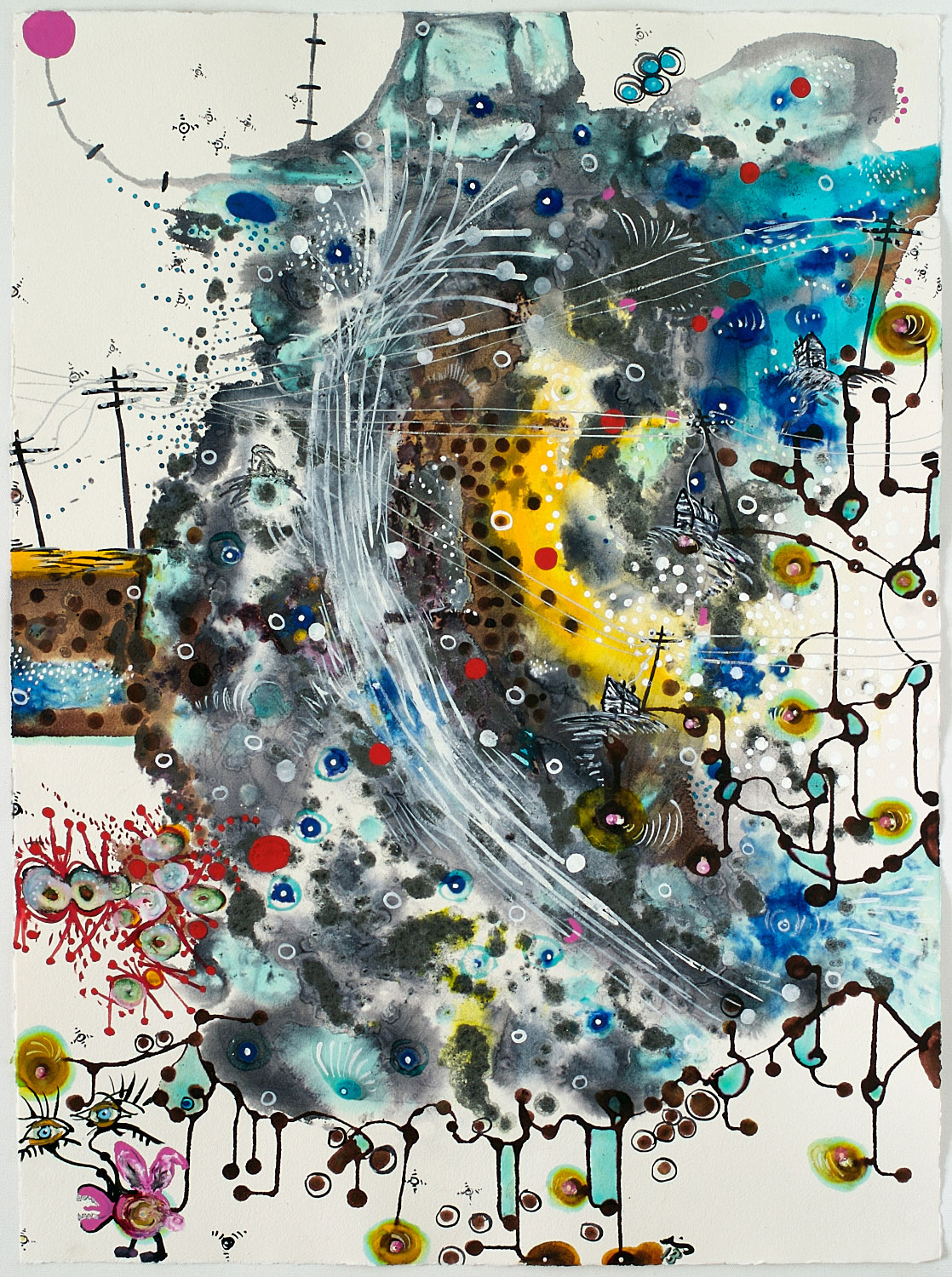 Margaret Withers, still air trapped with buzz while fire light twinkles, 2013. Gouache,vinyl paint, ink and watercolor on paper, 30 x 22 x .5 in.