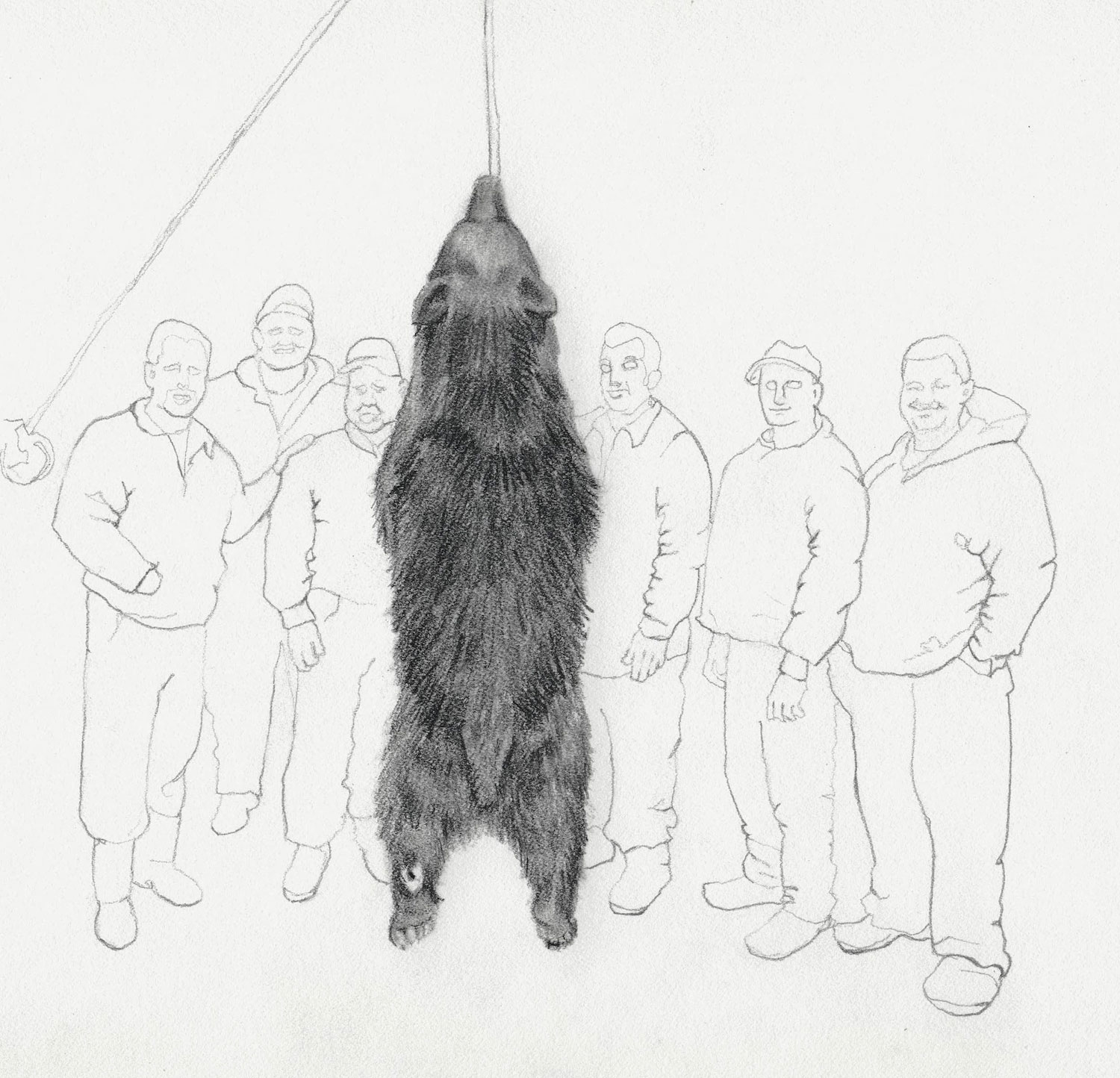 Jackie Skrzynski, Hung Bear with Heel Tag, 2014. Pencil, 9 x 8.5 in.