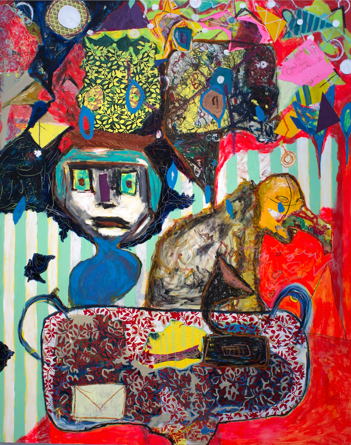 Doraelia Ruiz, No Tears at the Dinner Table, 2014. Oil, acylic, mixed media on wood panel, 60 x 48 in.