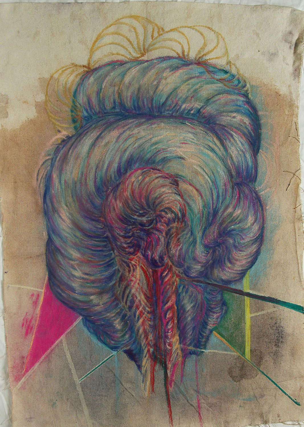 Rachel Joob, PinkGrowth, 2013. Coffee, wine, watercolor and chalk pastel on raw canvas, 27.5 x19 in.
