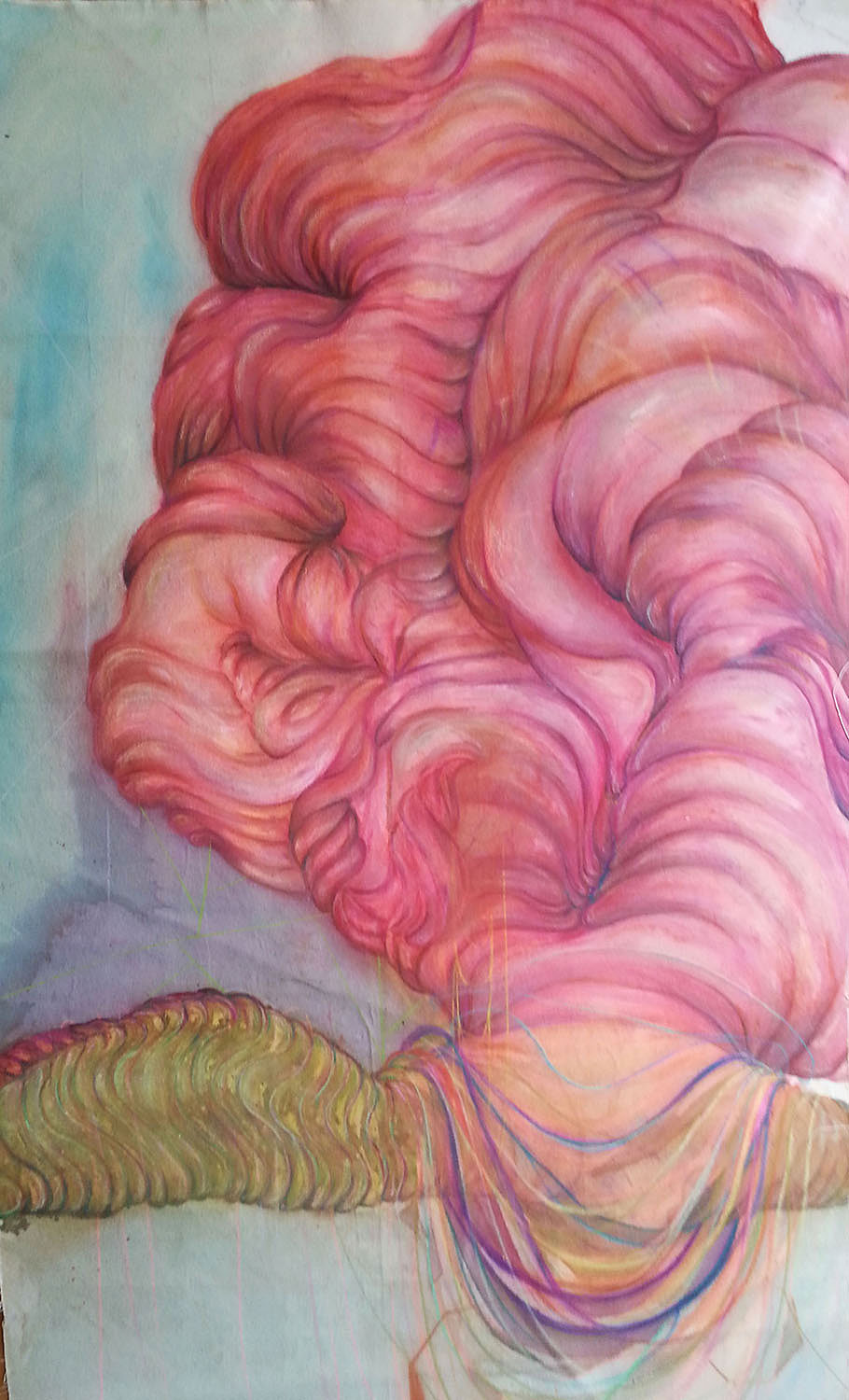 Rachel Joob, VoluminousExplode, 2013. Wine, watercolor, chalk pastel, drink mix, sugar/salt and acrylic paint on raw canvas, 69.5 x 45 in.