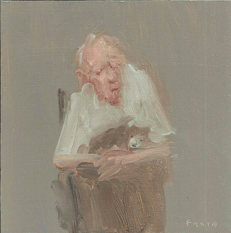 Donna Festa, Man Holding a Dog, 2014. Oil onPanel, 6 x 6 in.