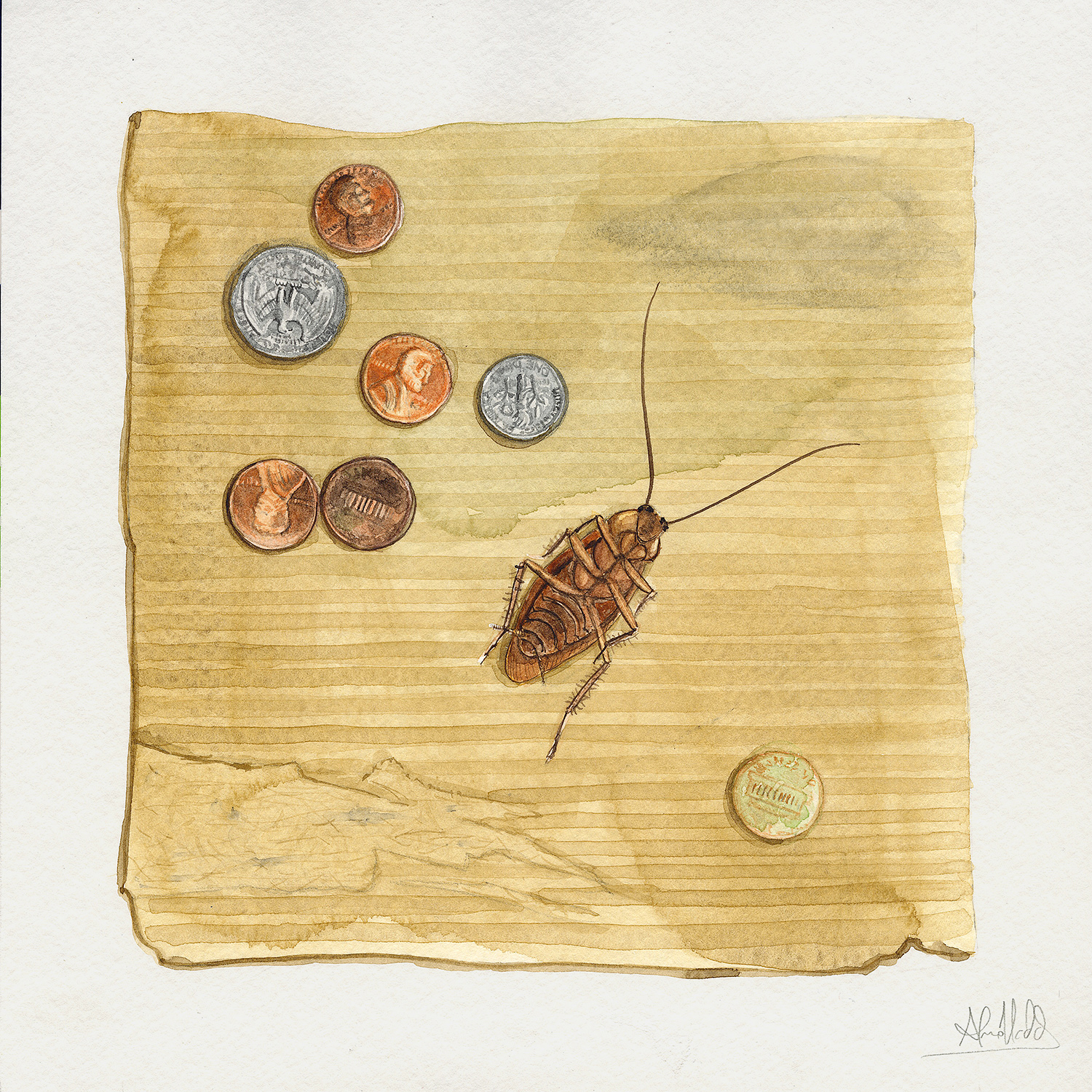 Alvaro Naddeo, Forty Cents, 2015. Watercolor on paper, 9 x 9 in.