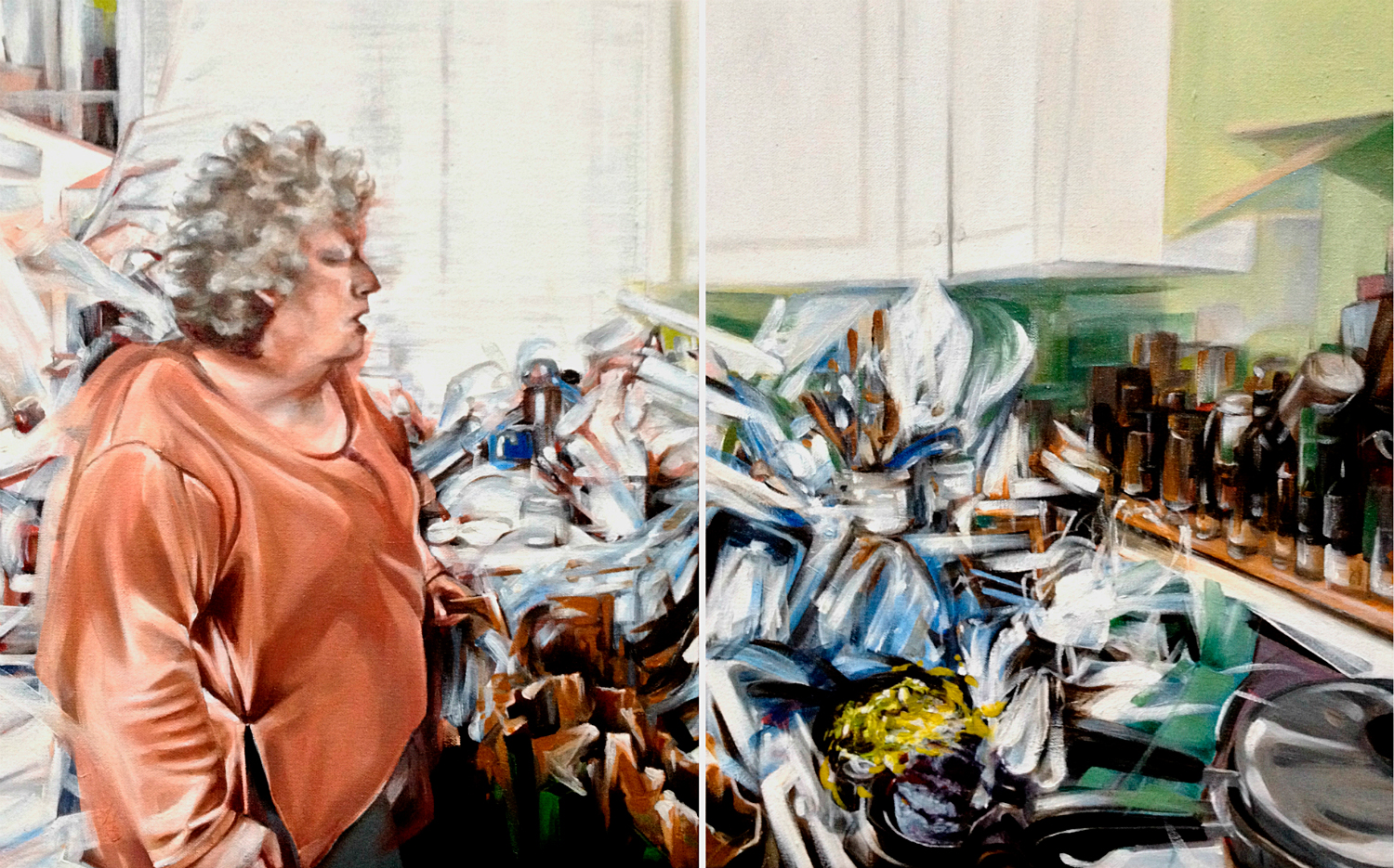 Nicole Trimble, Clutter, 2014. Oil on Canvas, 20 x 32 in. (two parts)