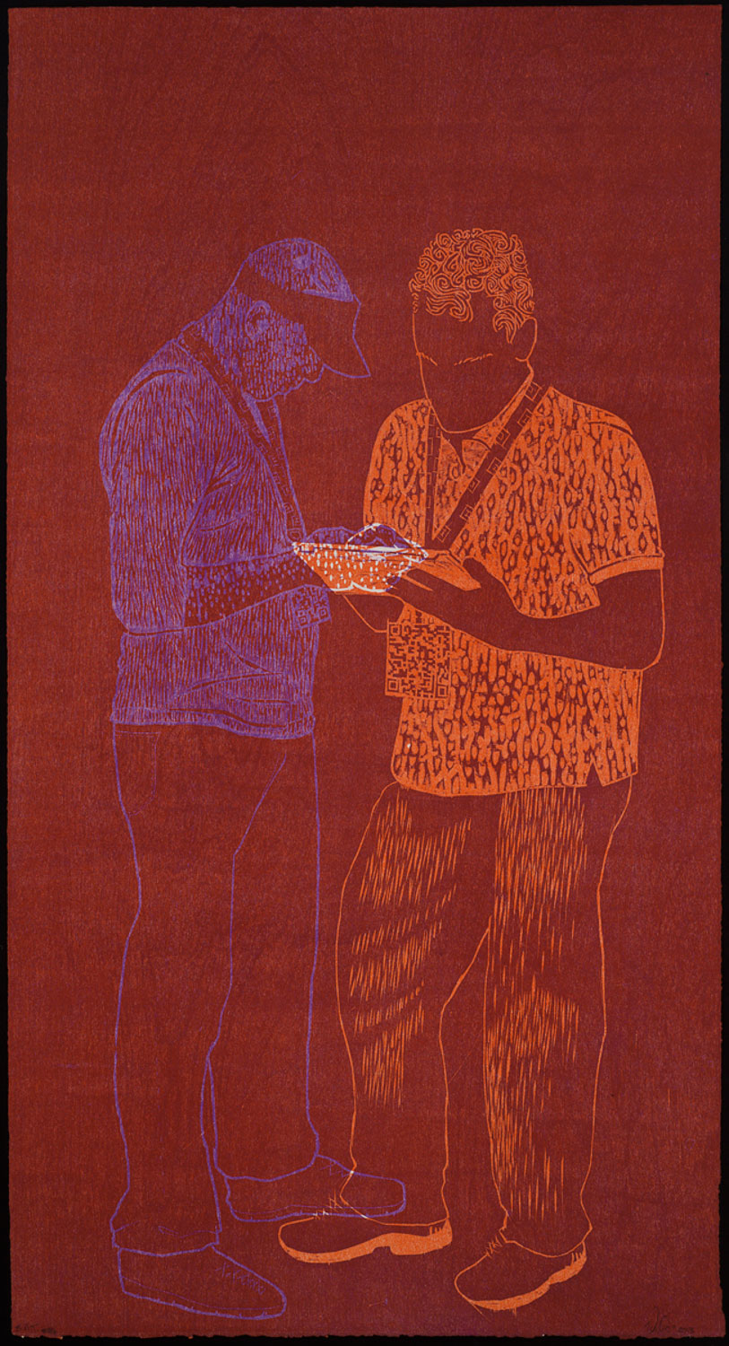 Veronica Ceci, Two Standing, 2013. Woodcut, 44 x 22 in.