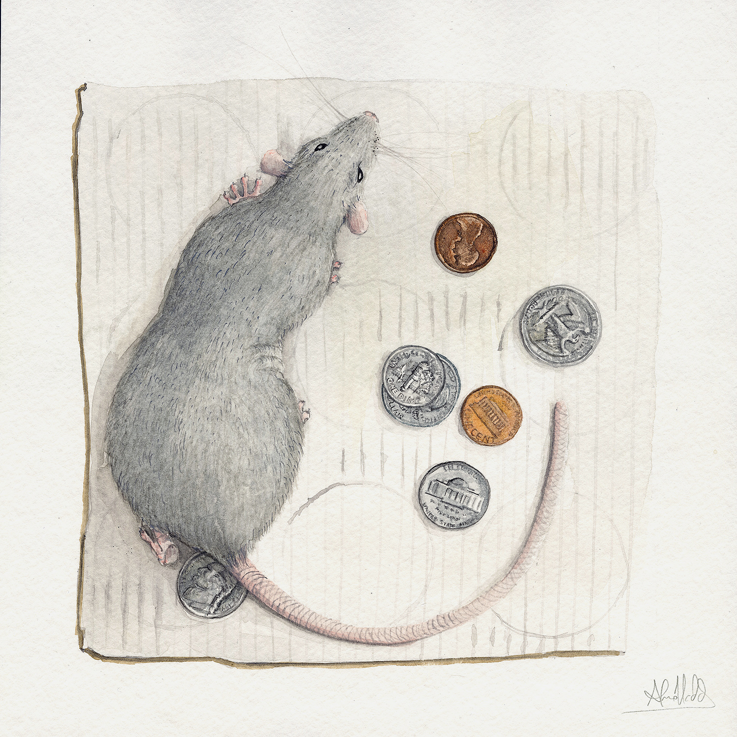 Alvaro Naddeo, Seventy-Two Cents, 2015. Watercolor on paper, 9 x 9 in.
