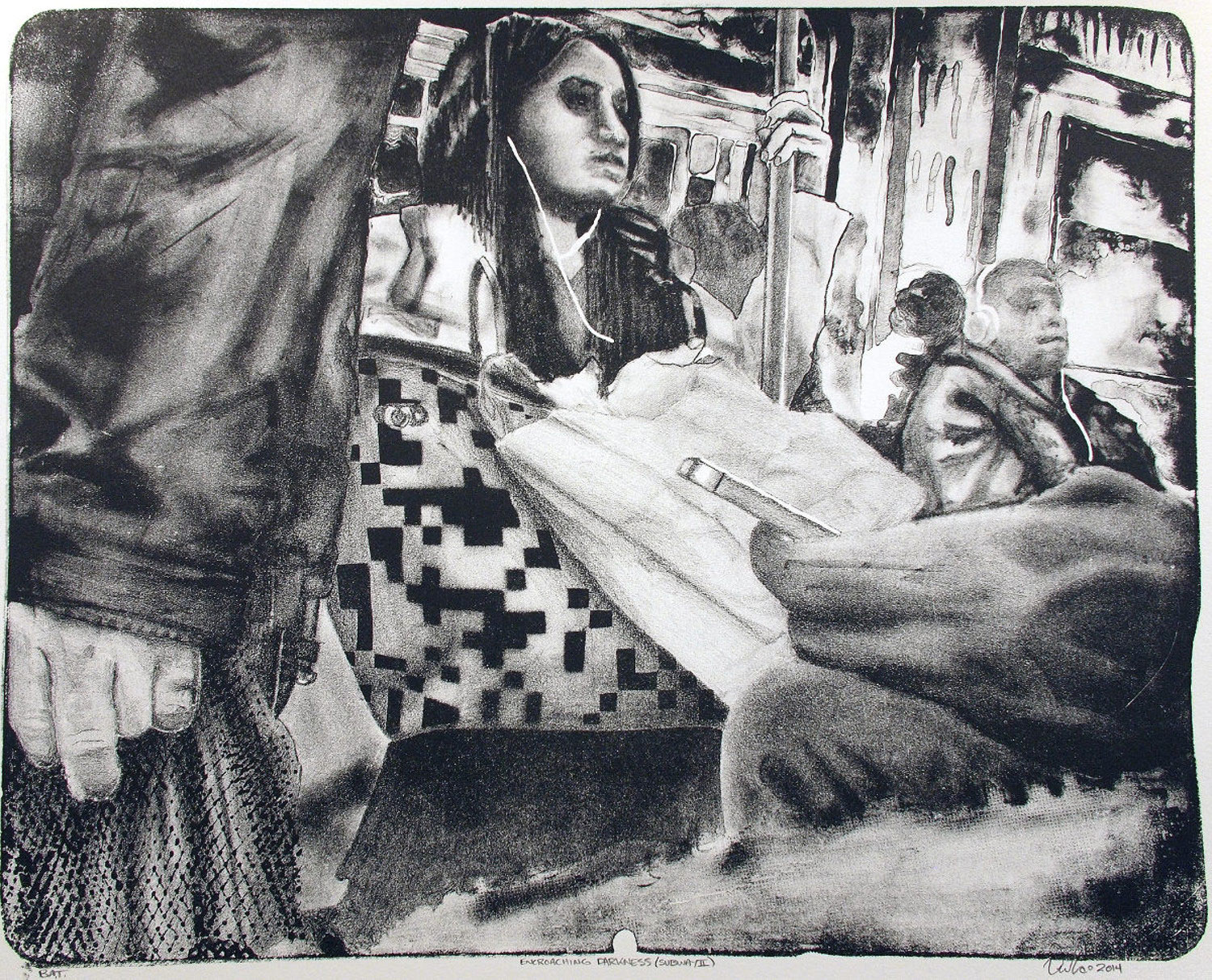 Veronica Ceci, Encroaching Darkness (Subway II), 2014. Lithograph, 18 x 24 in.