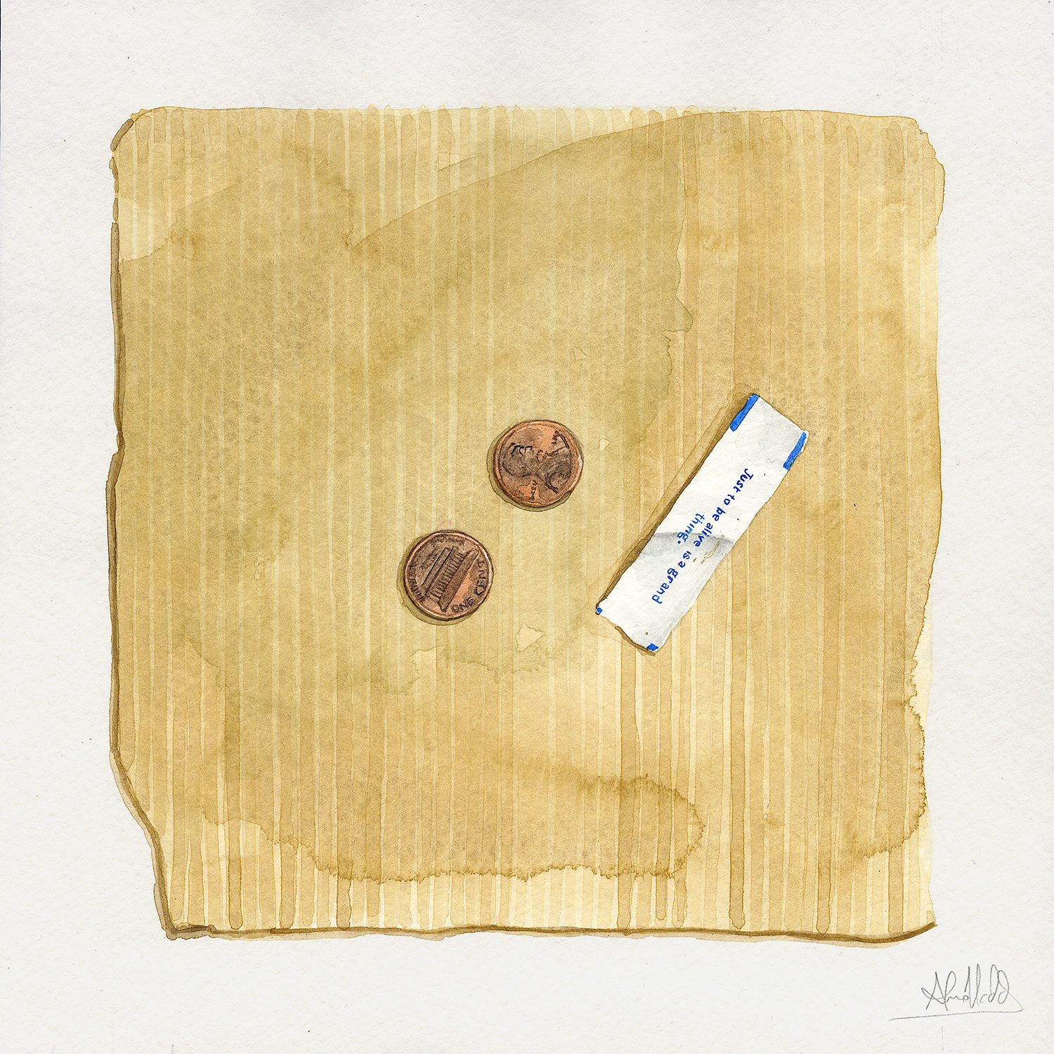 Alvaro Naddeo, Two Cents, 2015. Watercolor on paper, 9 x 9 in.
