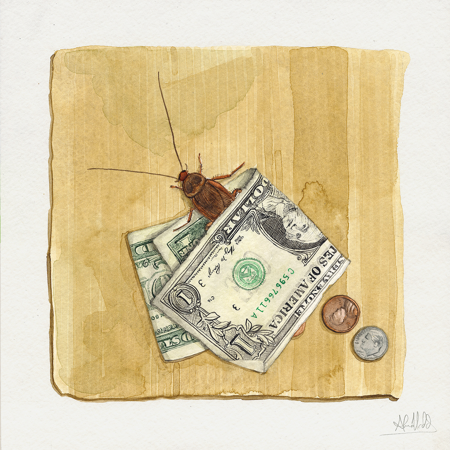 Alvaro Naddeo, Two Dollars and Two Cents, 2015. Watercolor on paper, 9 x 9 in.