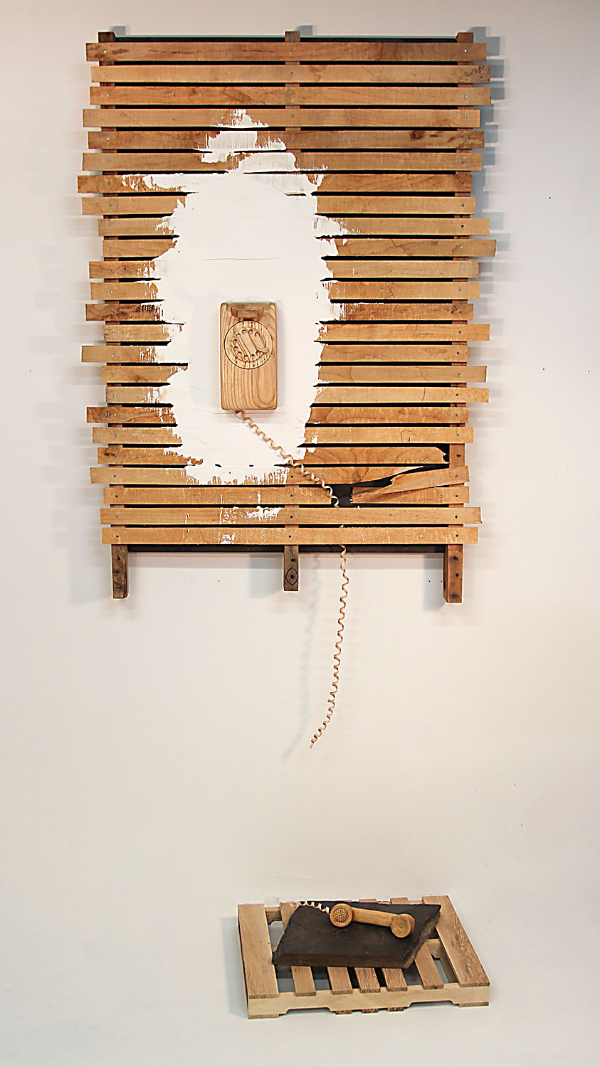 Jere Williams, Phone No. 2, 2014. Ash, oak, maple, plaster, and slate; wall element, 52 x 38 x 10 in., floor element, 6 x 21 x 18 in.