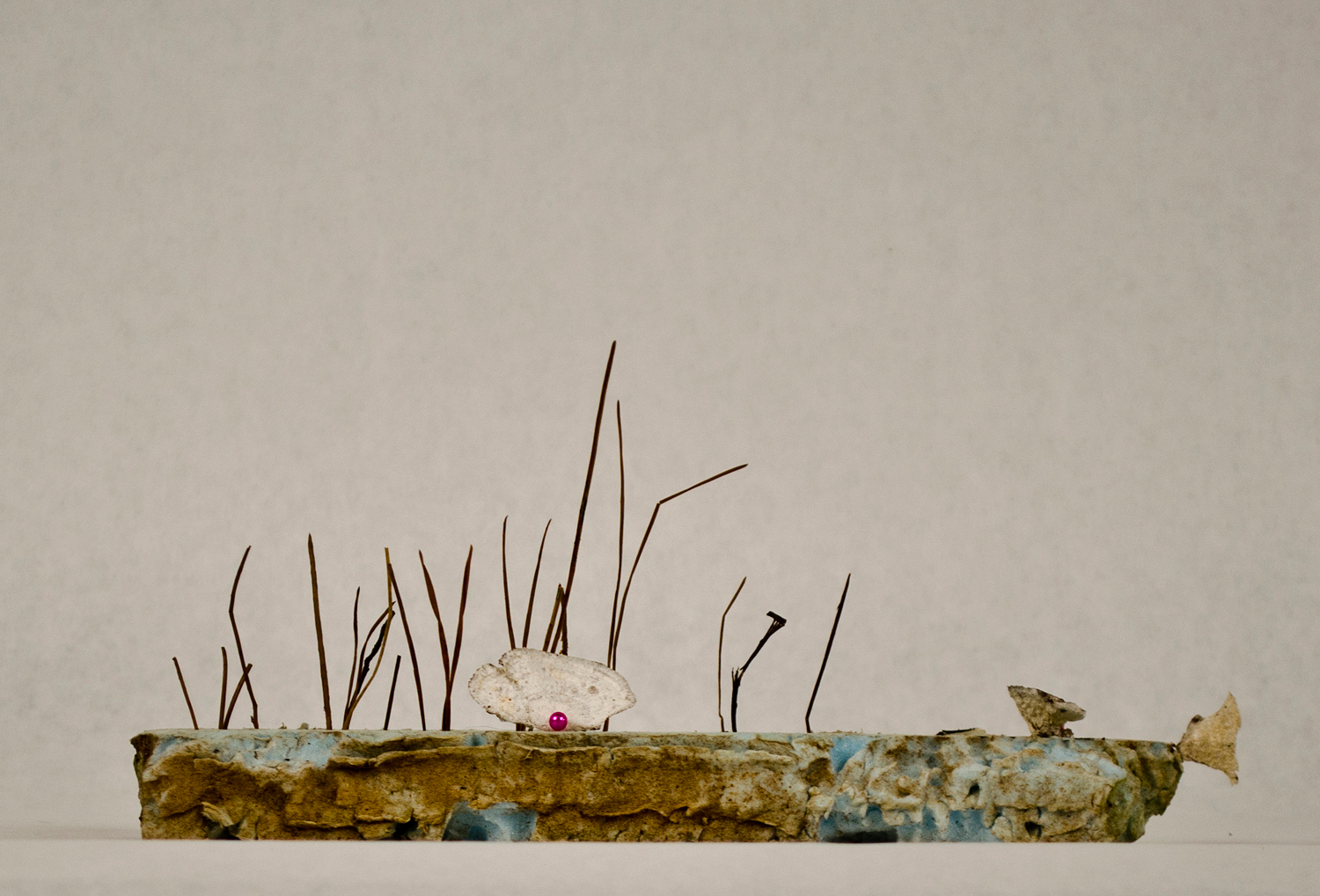 Jessica Lund, the waves,, 2014. Found foam, pine needles, lichens and pins, 9 x 3 x 4 in.