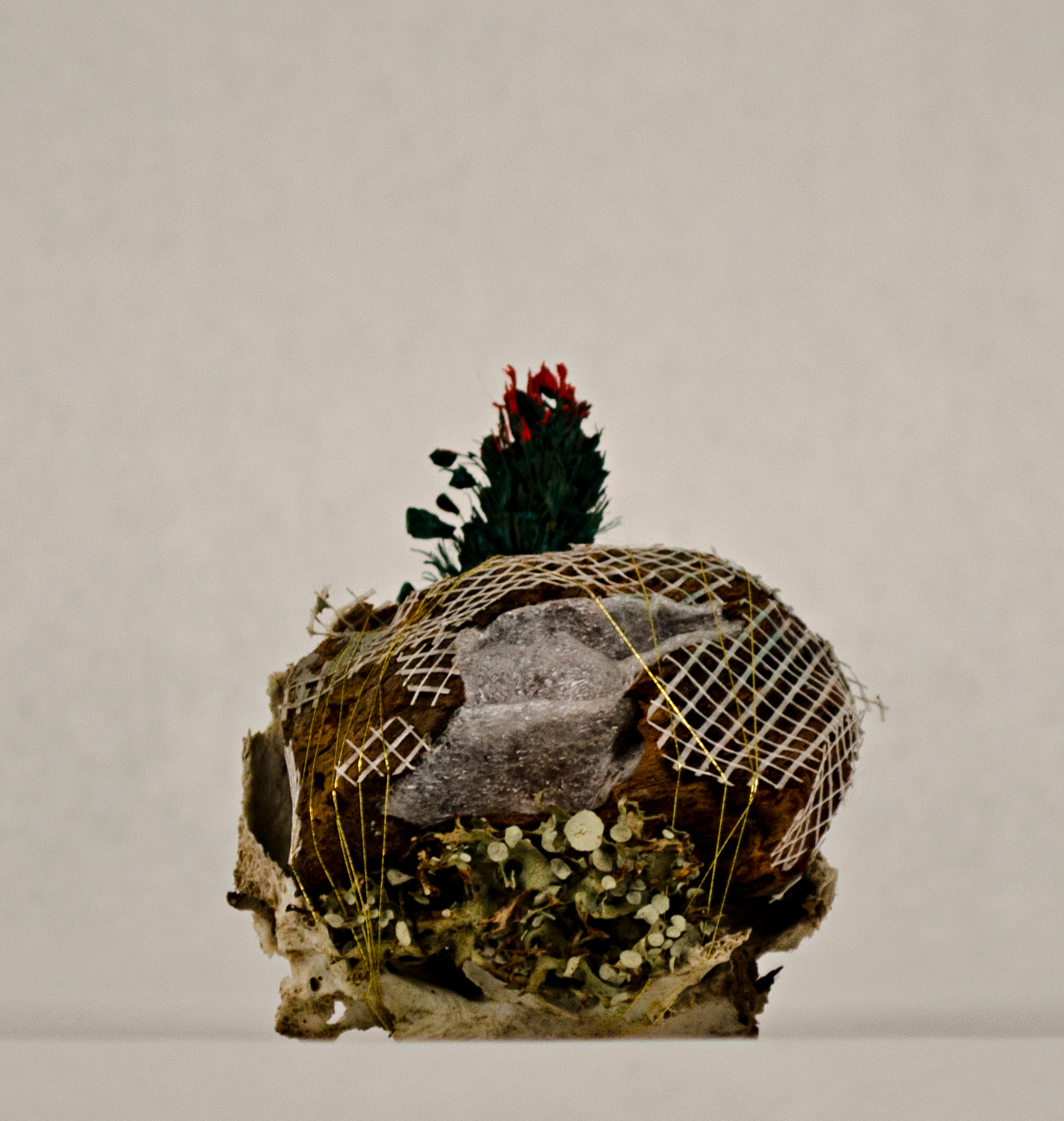 Jessica Lund, “the pines," 2015. Bone, drywall tape, foam, thread, lichen, pine cone, paint, 4 x 3 x 3 in.