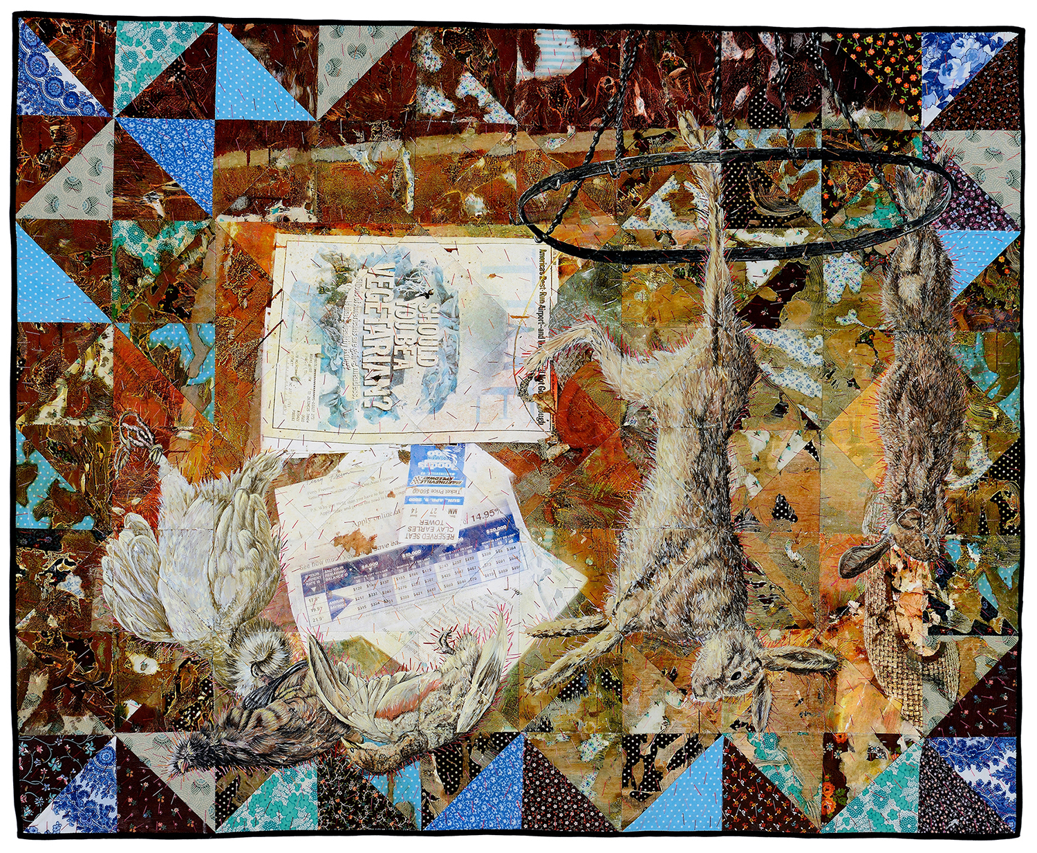 Jeana Eve Klein, Should You Be A Vegetarian? (After Utrecht), 2014. Mixed media quilt (Digital printing, acrylic paint and dye on recycled fabric; machine-pieced and hand-quilted), 28 x 34 in.
