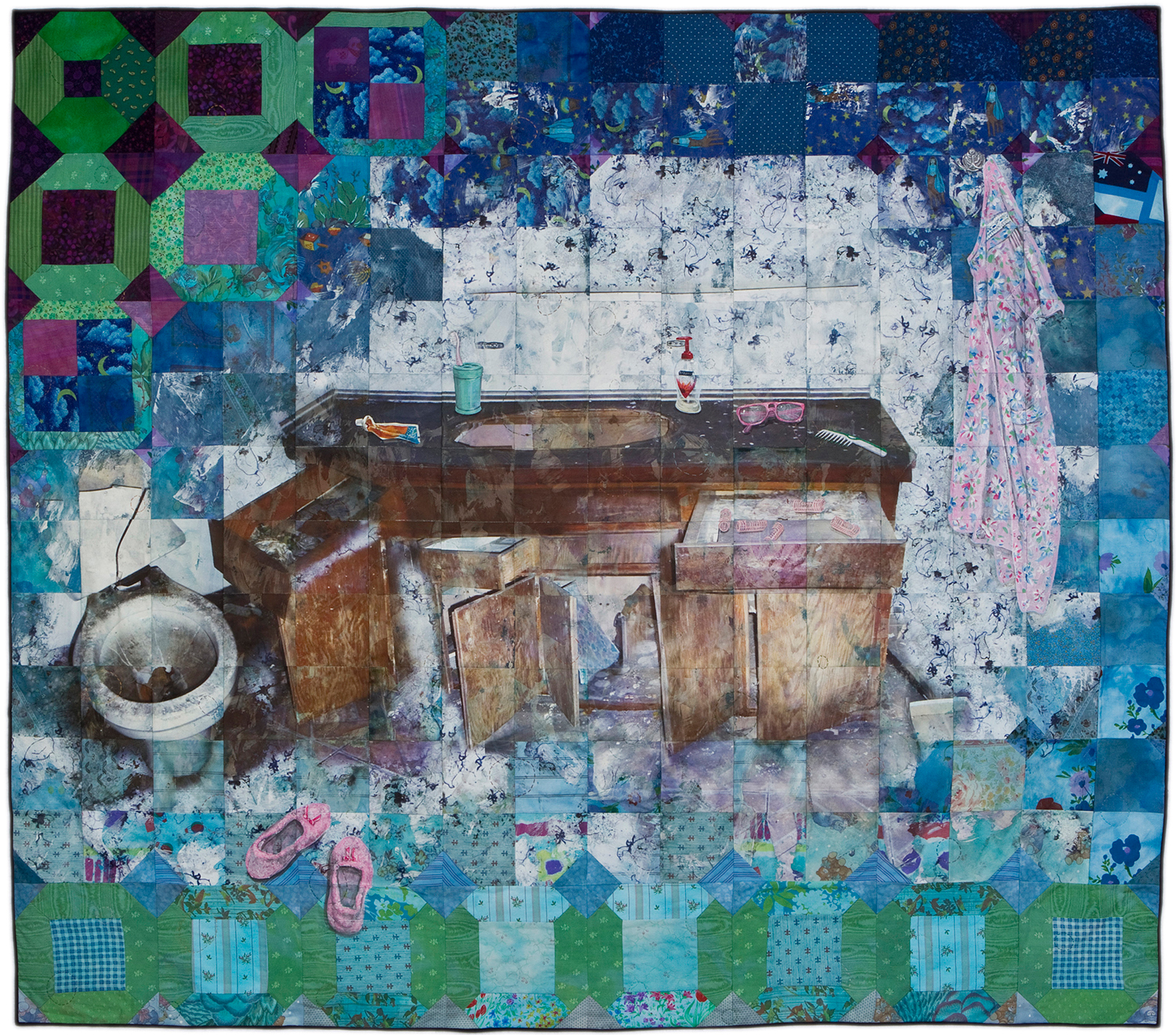 Jeana Eve Klein, Untapped Potential, 2013. Mixed media quilt (Digital printing, acrylic paint and dye on recycled fabric; machine-pieced and hand-quilted), 36 x 24 in.