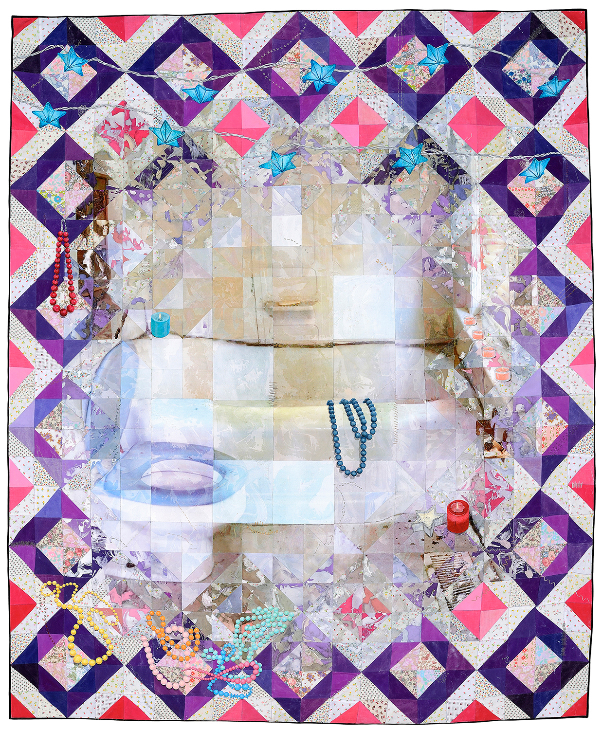 Jeana Eve Klein, The End of Romance, 2014. Mixed media quilt (Digital printing, acrylic paint and dye on recycled fabric; machine-pieced and hand-quilted), 64 x 52 in.