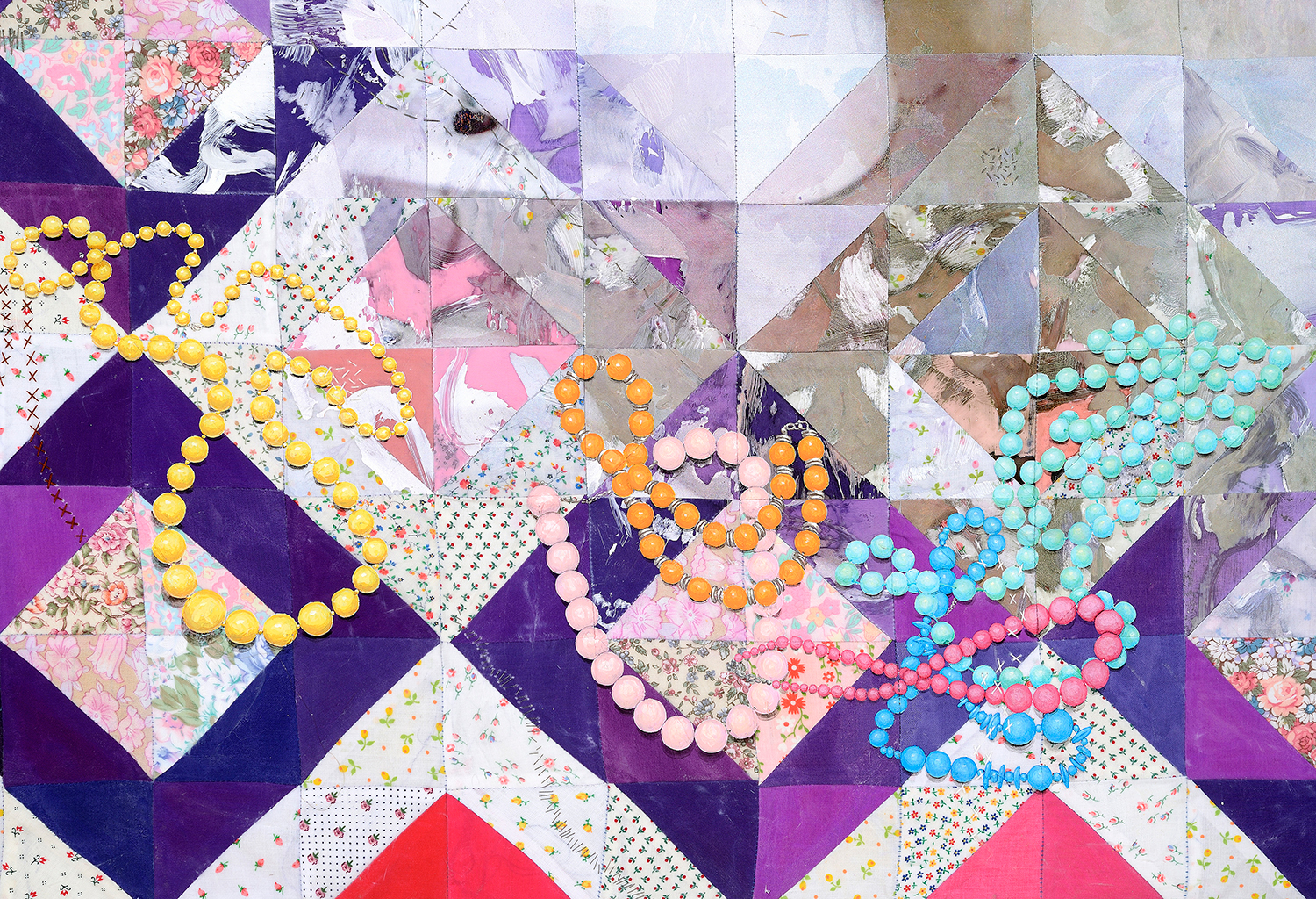 Jeana Eve Klein, Detail of The End of Romance, 2014. Mixed media quilt (Digital printing, acrylic paint and dye on recycled fabric; machine-pieced and hand-quilted), 64 x 52 in.