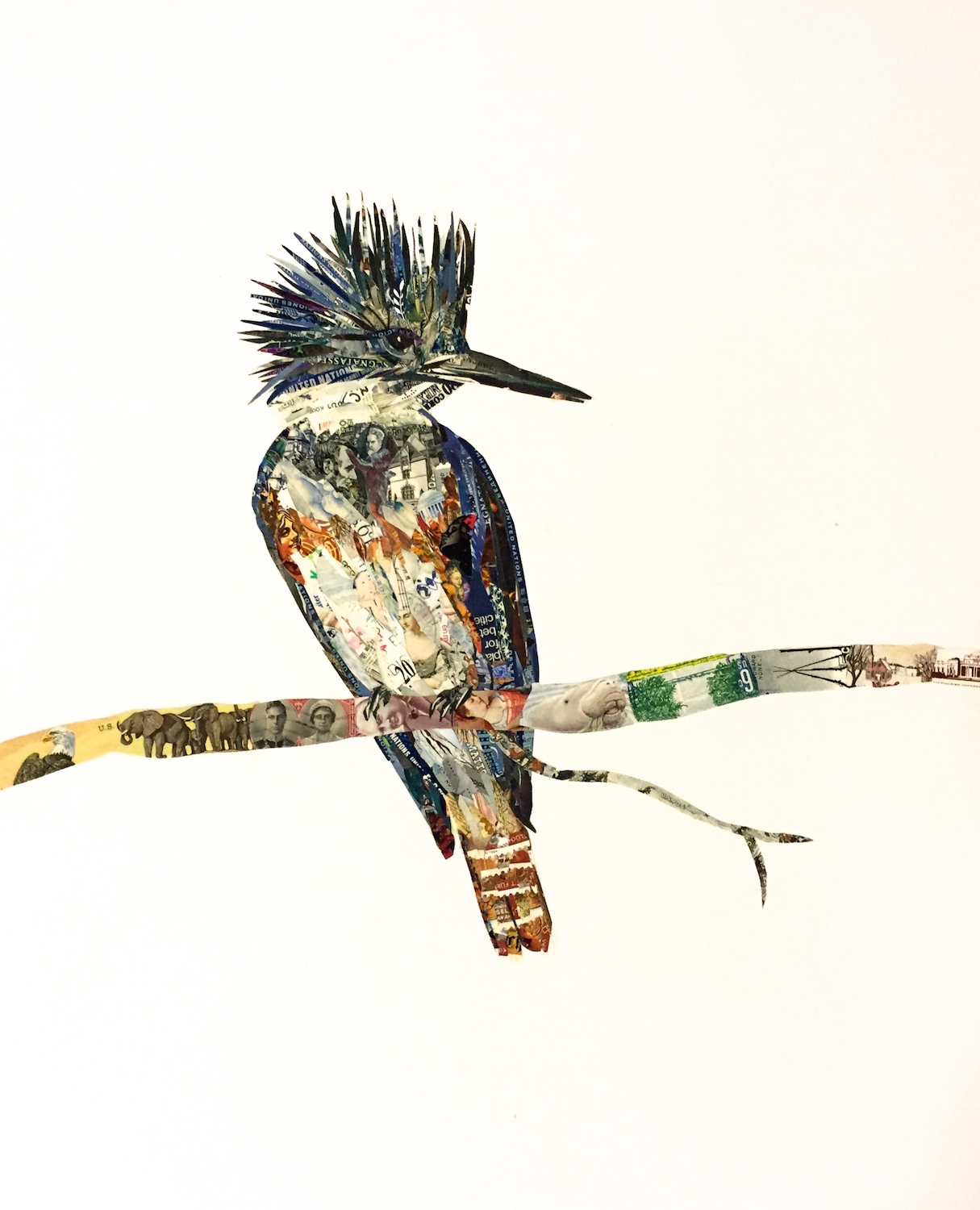 Kerry Buchman, Kingfisher, 2015. Postage stamps on paper, 15 x 12 in.