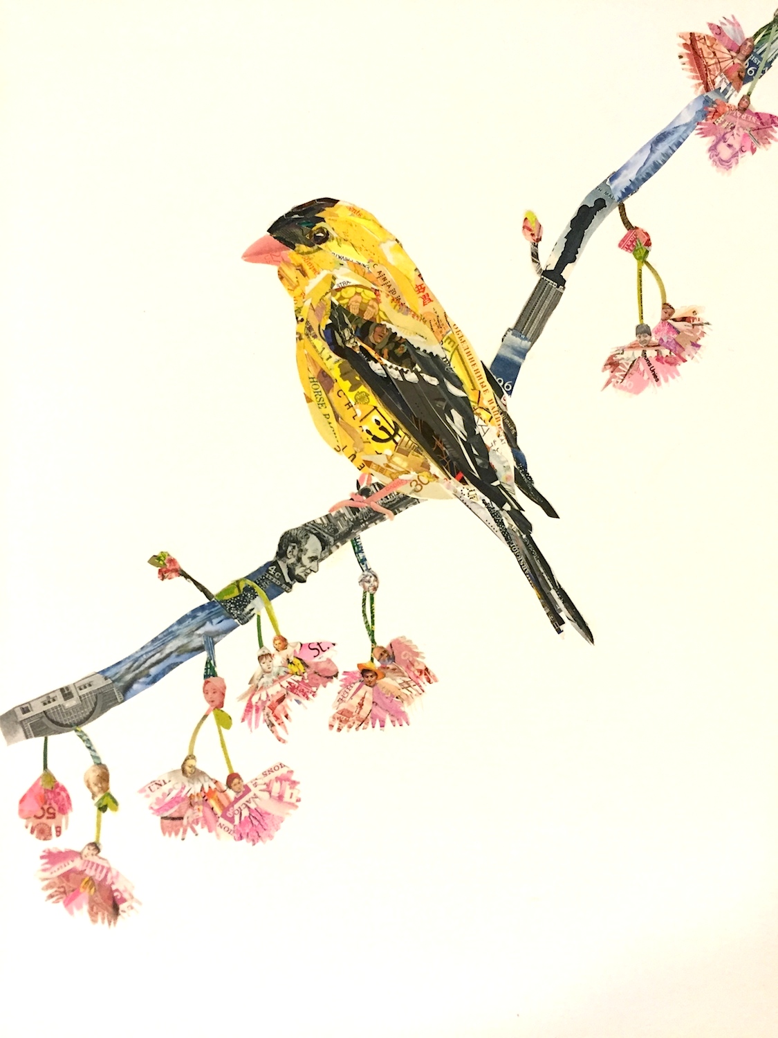 Kerry Buchman, American Goldfinch, 2015. Postage stamps on paper, 12 x 9 in.