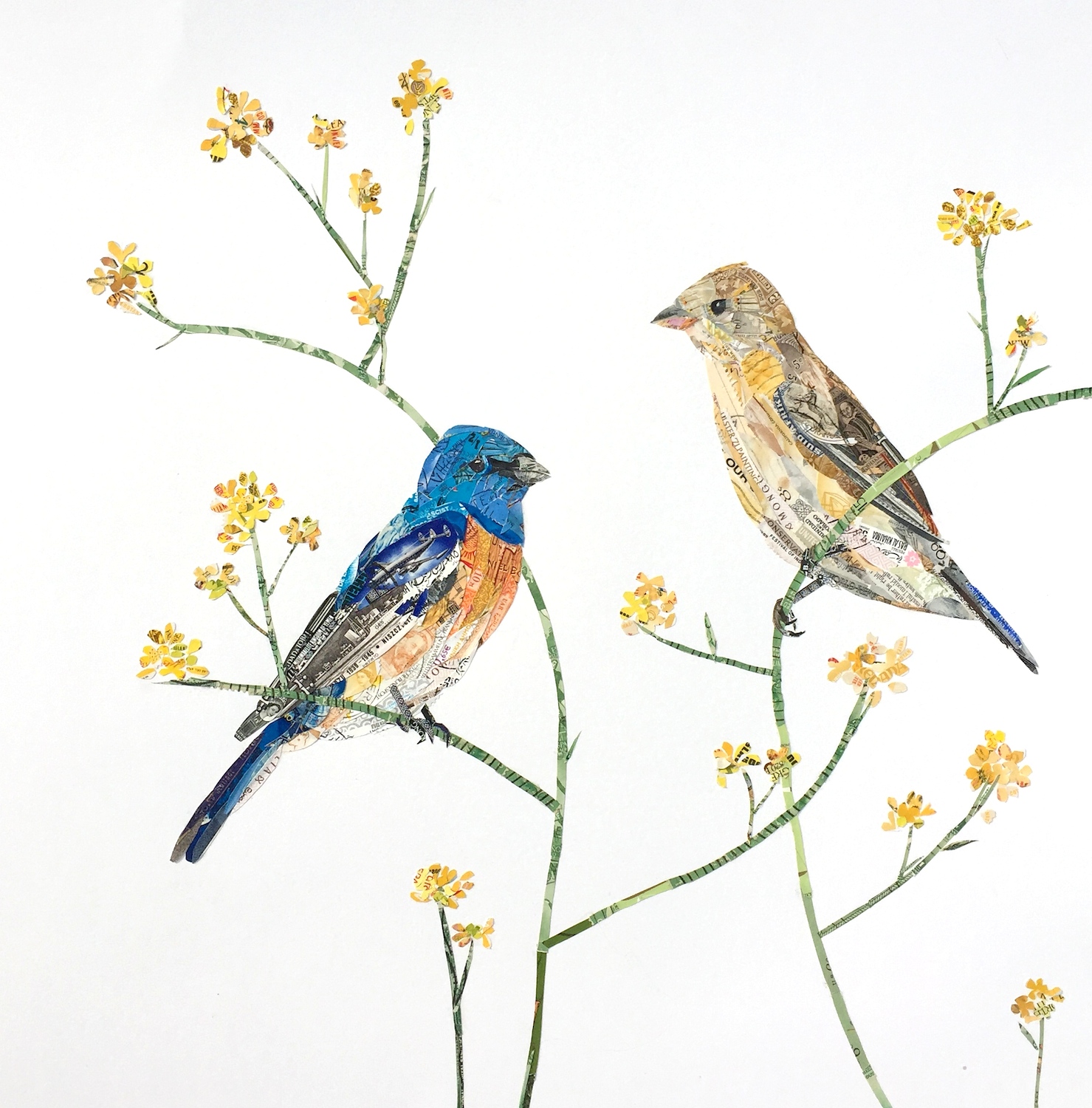 Kerry Buchman, Indigo Buntings, 2015. Postage stamps on paper, 15 x 17 in.