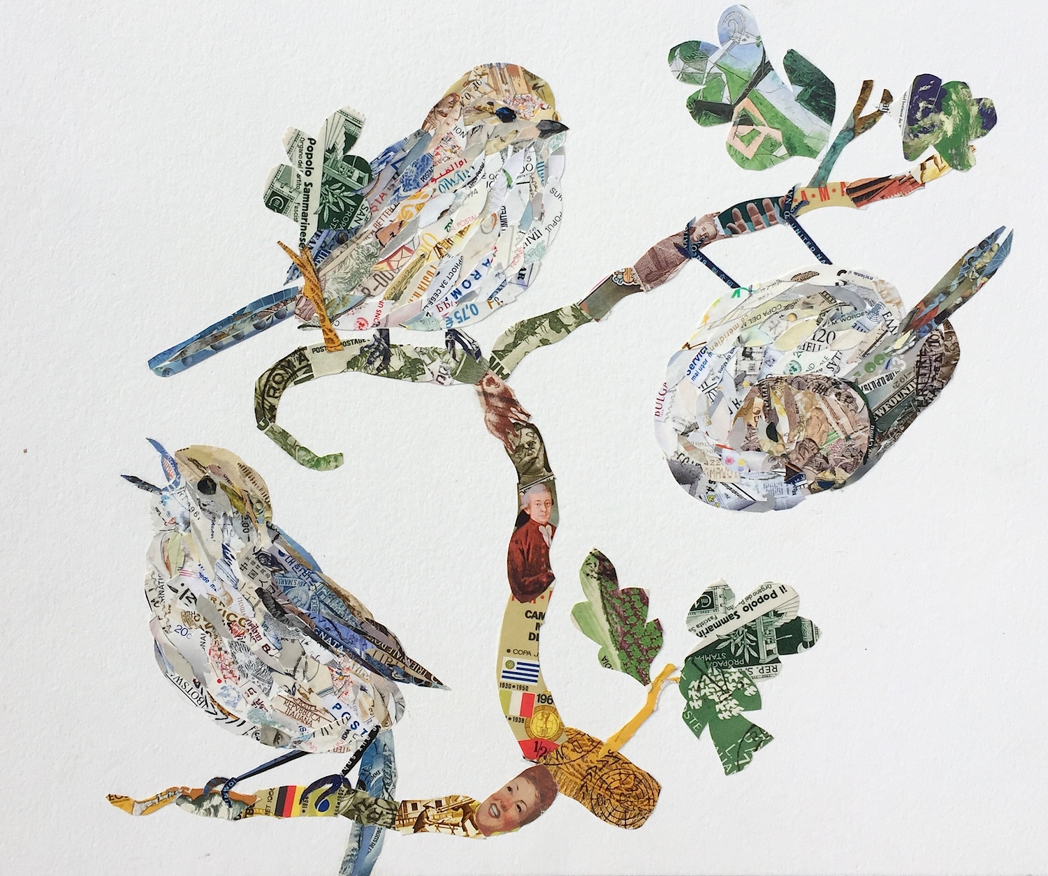 Kerry Buchman, Bushtits, 2015. Postage stamps on paper, 9 x 12 in.