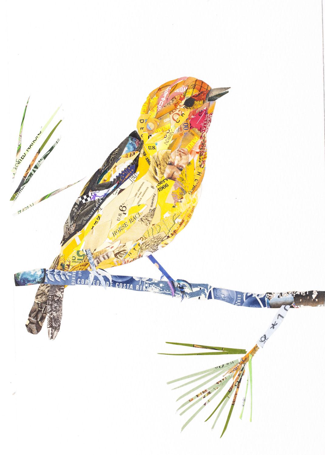 Kerry Buchman, Western Tanager, 2015. Postage stamps on paper, 12 x 9 in.