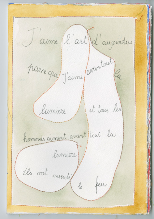 Elena Berriolo, Cover Page, Apollinaire, 2013, thread, watercolor and pen on paper, 8 x 11 in.