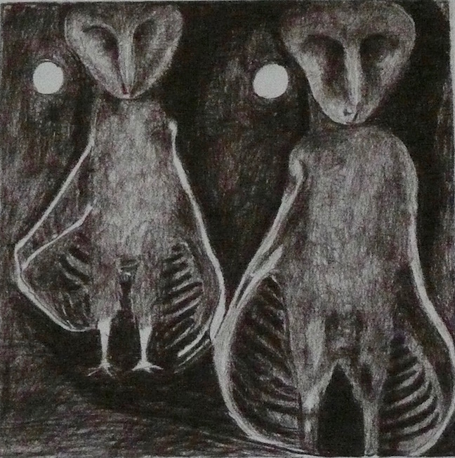 Ellen Holloran, Owlets Grow Feathers, 2012, Conté crayon on paper, 9 x 9 in.