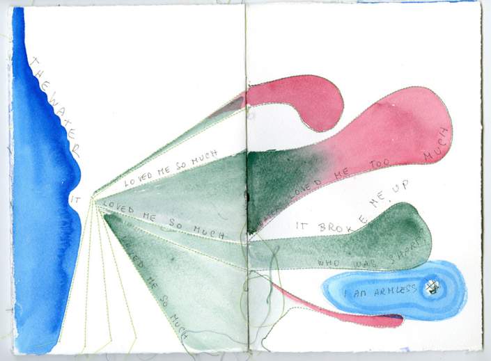 Elena Berriolo, Page 12-13, The water. It loved me so much, it loved me too much it broke me up. Who was sharp? I am armless, 2016. Thread, watercolor, and pen on paper, 16 x 11 in.