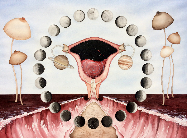 Liz Darling, Wombniverse, 2017, Watercolor and India Ink, 29” x 21”