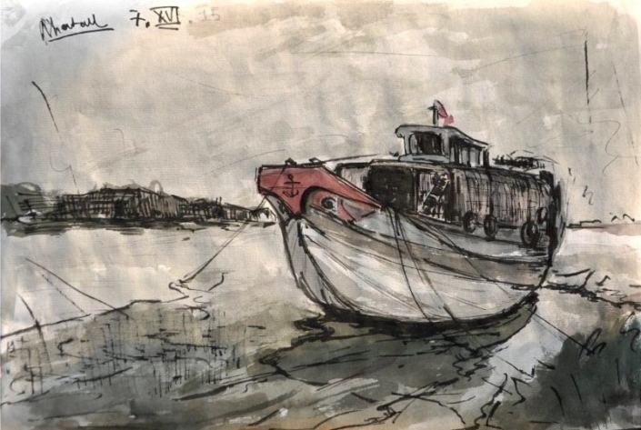 Nhat Anh Nguyen, A Vietnamese Fishing Vessel, 2016, watercolor and ink on paper, 5x4 in