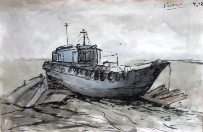 Nhat Anh Nguyen, A Vietnamese Fishing Vessel 2, 2016, watercolor and ink on paper, 5x4 in