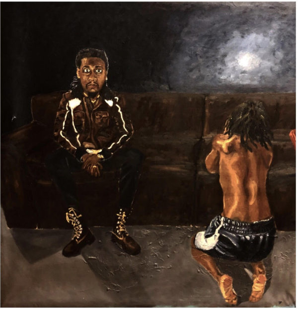 Jerrell Gibbs, Death to self (The two Jerrell's), 2018, Oil on Canvas, 47 1/2" x 46 1/2"