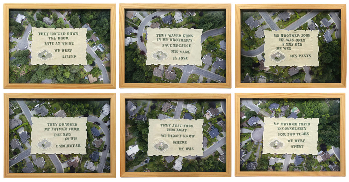Tatiana Garmendia, In a Green And Peaceful Neighborhood, 2017, Embroidered doilies mounted on drone photographs, 13” x 17”