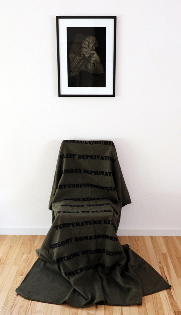 Tatiana Garmendia, Beforehand/ Afterwards II, 2015-2016, Pigment ink print on archival paper, wood chair, military blanket, embroidery floss, Dimensions varied