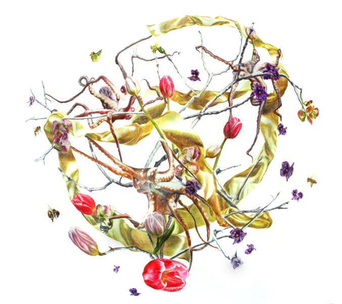 Monika Malweski, Tree of Life with Octopi and Tulips, 2014-2018, Watercolors on Paper, 30” x 40”
