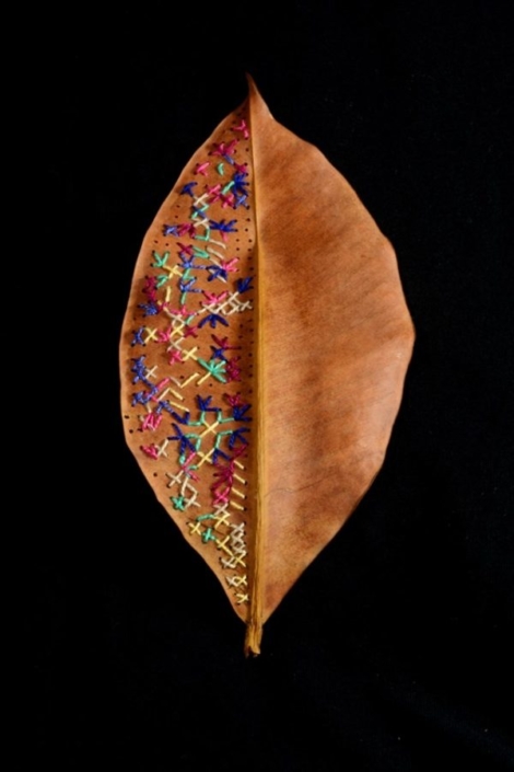 Yael Sapir, heritage embroidery, 2018, found leaf and colored natural thread