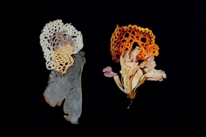 Yael Sapir, artist relations 03, 2018, Natural fiber, yarn, found bloom, and colored thread