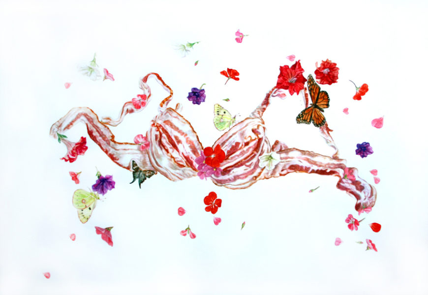 Monika Malewski, Bacon Bra and Flowers, 2014-2018, Watercolors on Paper, 26” x 39”