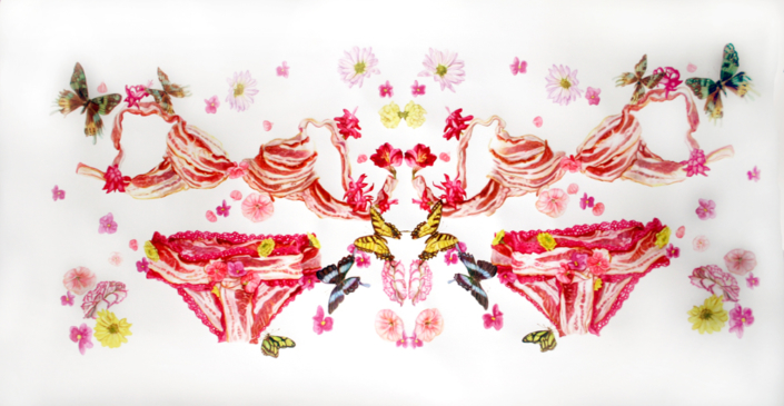 Monika Malewski, Bacon Lingerie, 2014-2018, Watercolors on Paper, 30” x 50”