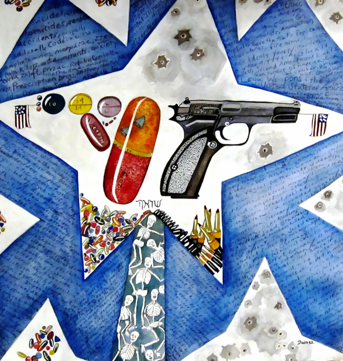 Guns and Pills, 2013, Watercolor on Arches paper, 22” x 22”