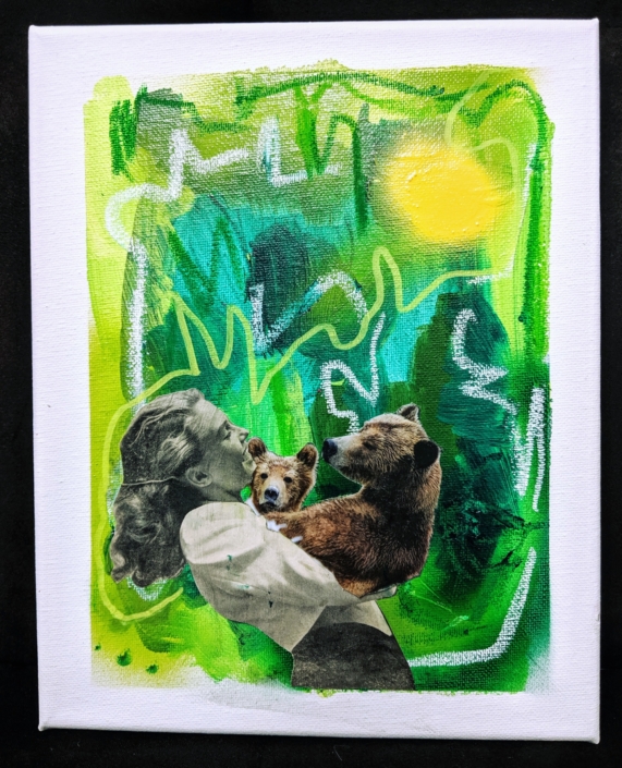 Caché Owens, Wild Beast 2, 2019, Collage, Acrylic, Oil Pastel on Canvas, 8 in. x10 in.