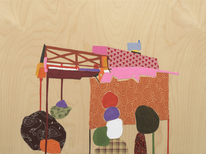 Carol Es, Flintlock Terrace, 2015, oil paint, paper, and fabric on birch panel, 18 in. x 24 in.