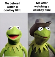 Green frog puppet smiling at camera, and then same green frog puppet in a cowboy hat