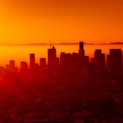 City scape of downtown Los Angeles at sunset