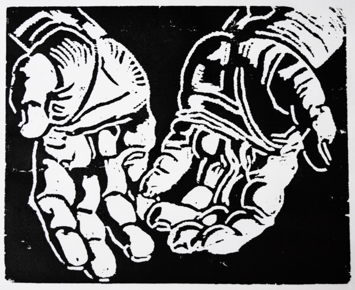Black and white ink drawing of someone's hands