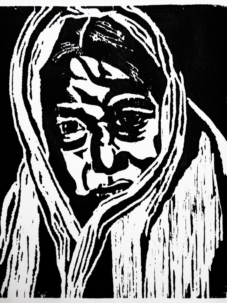 Black and white ink drawing of a woman's face covered