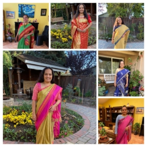 Photo collage of six square photos of the Author in a saree. From left to right, green saree with red border. In the background we see a living room wall and a paitning of the Starry night, a red brocade saree against a garden background, a khaki colored saree against a garden background, a navy blue saree against a blooming garden and a white garden bench, a pink saree with against a yellow living room wall.