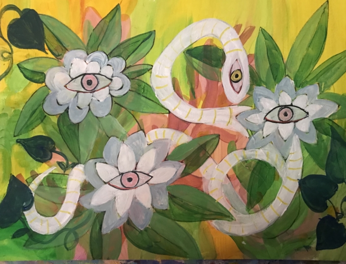 White serpent with yellow stripes in flowers