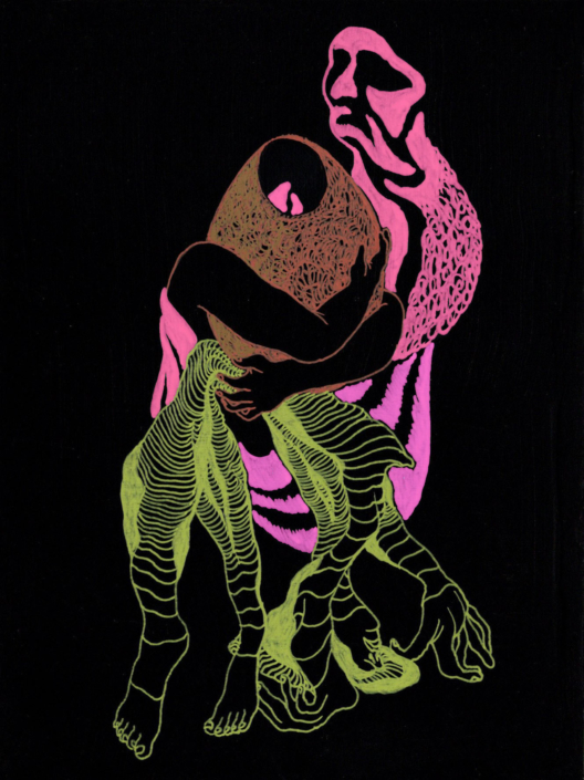 Pink green and brown line drawing on black surface of a snail-like creature clutching a nest and floppy human skin.