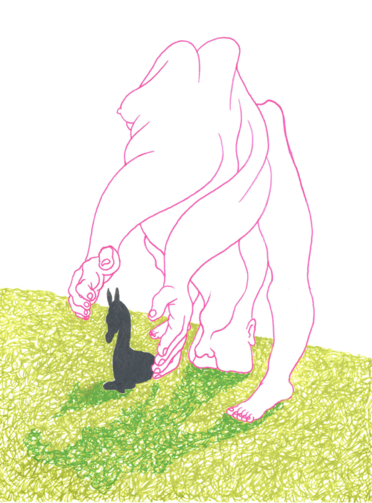 Pink and green line drawing on white surface of a strange figure cuddling a small shadow horse in the grass.